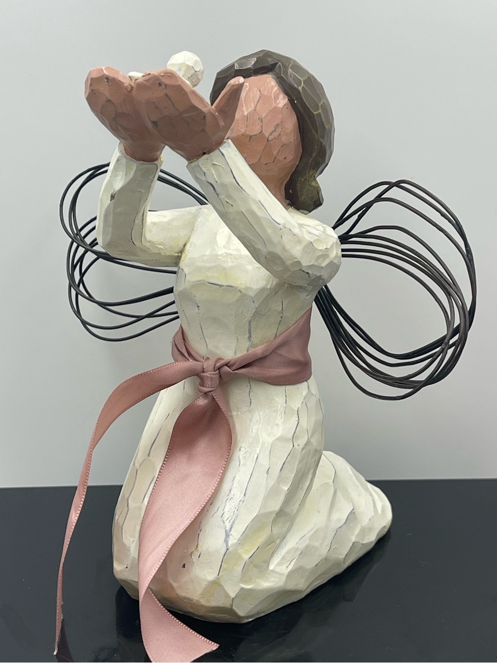 Cast Resin Angel Figurine Kneeling w/Wire Wings & Holds Dove in Outreached Hands